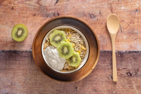 Granola Bowl Kiwi Greek Yogurt Top View — Stok Foto