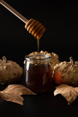 Balkabağı ve sonbahar yaprakları ile siyah arka planda kaşık ile bal kavanozu