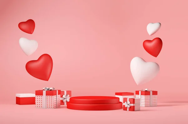 Concepto San Valentín Con Cajas Regalo Corazones Amor Podio Para —  Fotos de Stock