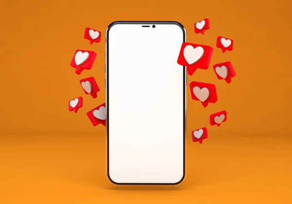 Kalp Simgelerine Boş Ekrana Sahip Akıllı Telefon Dizaynını Turuncu Arkaplandan — Stok fotoğraf