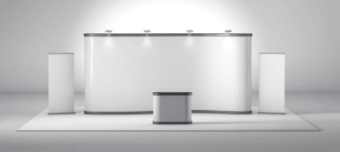 Beyaz yaratıcı sergi standı tasarımı. Booth şablonu. 3d oluşturma