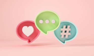 Sohbet balonu ya da yorum, pembe arka planlı hashtag sembolleri gibi. 3d oluşturma