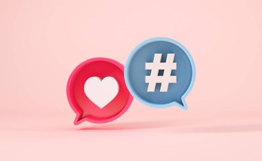 Sembol ve hashtag 'li sohbet baloncukları. 3d oluşturma