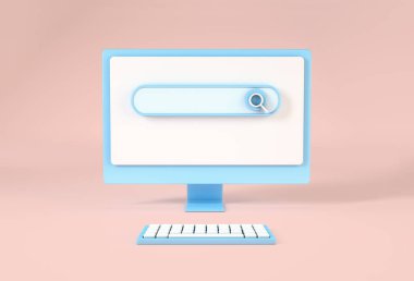Çevrimiçi arama konsepti olan bilgisayar. 3d oluşturma