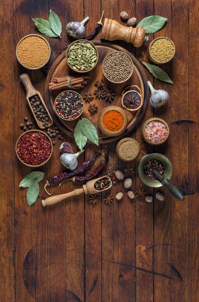 Spices Condiments Cooking Wooden Background Copy Space Rustic Style Top — Stock Photo, Image