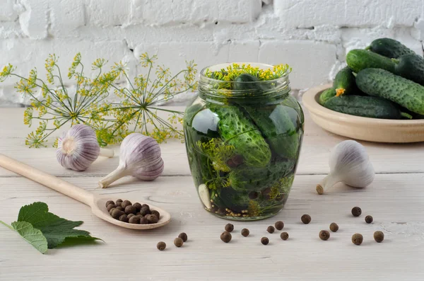 Preparation Pickling Cucumbers Glass Jar Spices Herbs Close — Stock Photo, Image