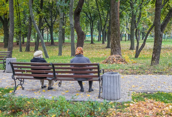 Ηλικιωμένες Γυναίκες Που Κάθονται Ένα Παγκάκι Στο Φθινόπωρο Στον Κήπο — Φωτογραφία Αρχείου