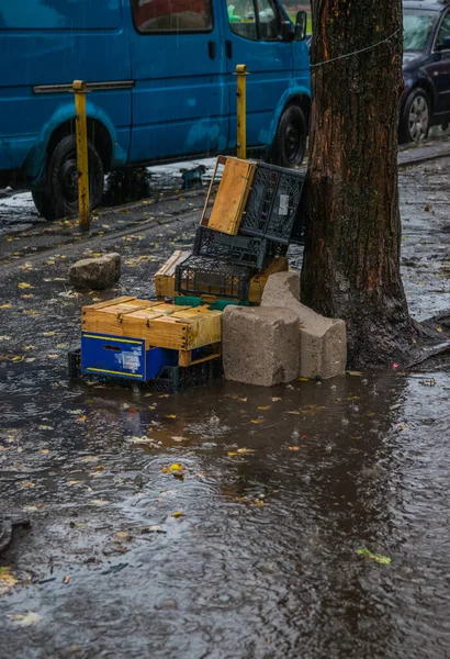 Купа Пластикових Контейнерів Овочів Фруктів Асфальті Під Дощем Біля Дерева — стокове фото