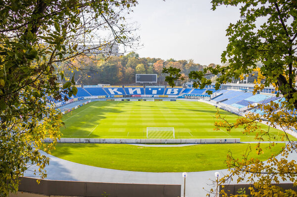 KYIV, UKRAINE - OCTOBER 24, 2020: Dynamo stadium named after greatest ukrainian soccer football player Valeriy Lobanovskiy