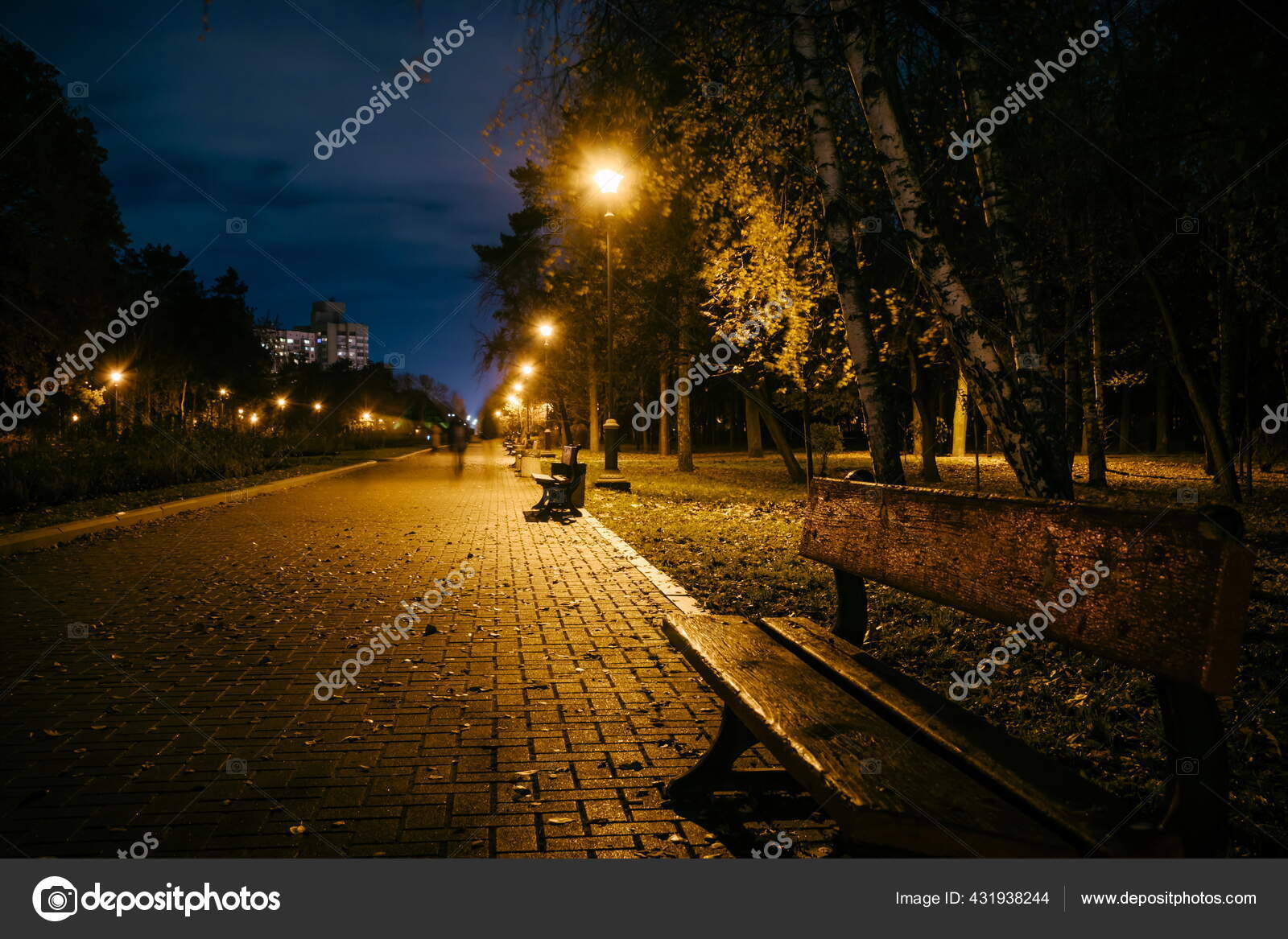 Estrada Teiled Parque Noturno Com Lanternas Outono Bancos Parque Durante —  Foto © YuriiRomanchuk #431938244, image size:1600x1167