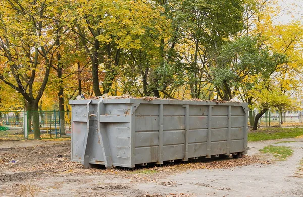秋天收集割草和落叶的容器 家用废物的大型金属容器 清理落叶和青草 整顿公园和广场 — 图库照片