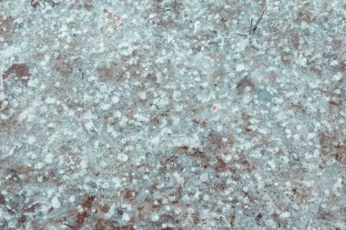 Çatlamış buz ve sarı yapraklar. Sarı yapraklar ve beton çatlamış buzun altında görülebilir.