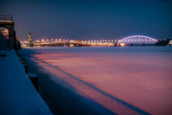 Havana Bridge Podilskyi Bridge Kyiv Winter Night Colorful Illumination Frozen — Stock Photo, Image