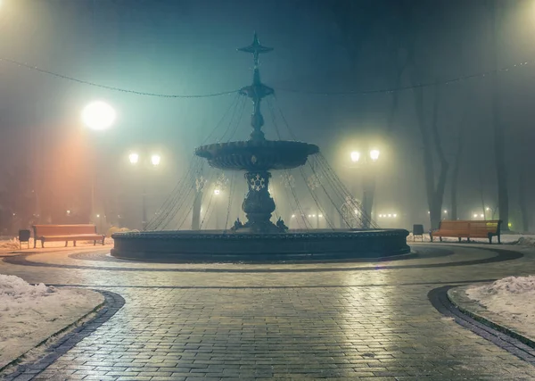 Big Fontaine Alley Night Winter Park Fog Footpath Fabulous Winter — Stock Photo, Image