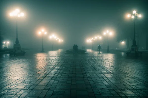 The main alley of a night winter park in a fog. Footpath in a fabulous winter city park at night in fog with benches and latterns. Beautiful foggy evening in the Mariinsky Park. Kyiv, Ukraine.