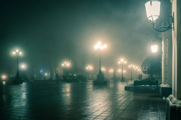 Beco Principal Parque Inverno Noturno Uma Névoa Passeio Fabuloso Parque — Fotografia de Stock