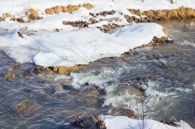 Kış nehri. Su akışı ve karlı kıyılar. Buzlar çözülsün. Baharın başlarında