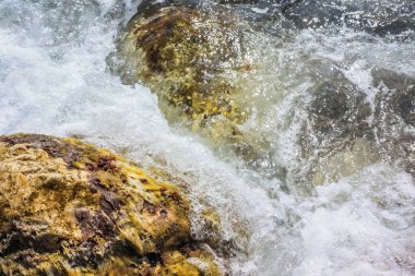 Taşlı bir plajda dalgalar kırılıyor, bir sprey oluşturuyorlar. Kapat.