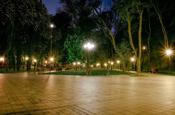 Estrada Ladrilhada Parque Verde Noite Com Lanternas Primavera Bancos Parque — Fotografia de Stock