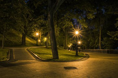 Baharda fenerlerle dolu yeşil parktaki fayanslı yol. Bahar mevsiminde geceleri parkta banklar. Geceleri fenerlerle dolu bir parkın aydınlanması. Mariinsky Parkı. Ukrayna