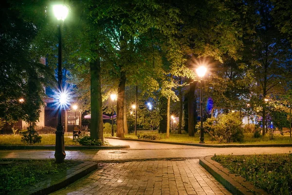 春の提灯付きの夜の緑の公園内のタイル張りの道路 春の夜に公園内のベンチ 夜になると提灯のついた公園道のイルミネーション マリリンスキー公園 ウクライナ — ストック写真