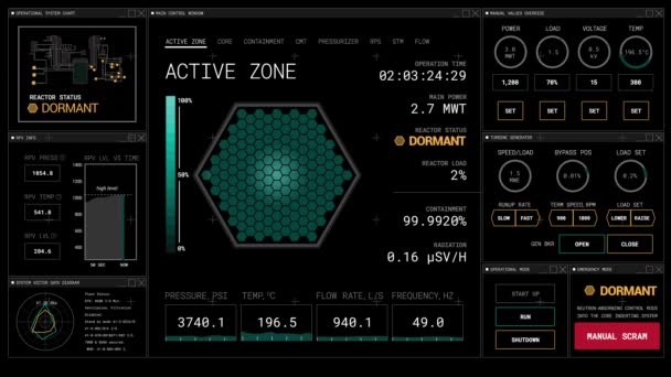 4k Reactor de estado latente Panel de control futurista Interfaz de usuario animada gráfica HUD — Vídeo de stock