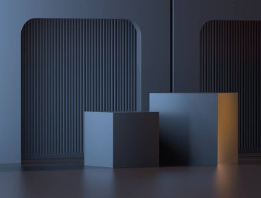 3 boyutlu sunum sunumu. Odada silindir duvarlı iki küplü karanlık sahne..