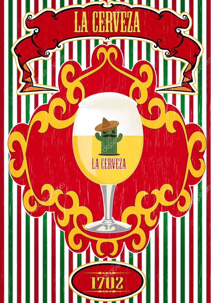 Vintage poster of Mexican beer with a cactus logo and a retro background