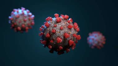 Üniformalı bir arkaplanda COVID-19 virüsünün çizimi. 3d rende