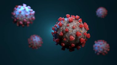 Üniformalı bir arkaplanda COVID-19 virüsünün çizimi. 3d rende