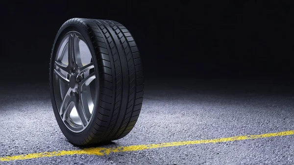 car tires on asphalt casting. tire fitting. 3D visualization