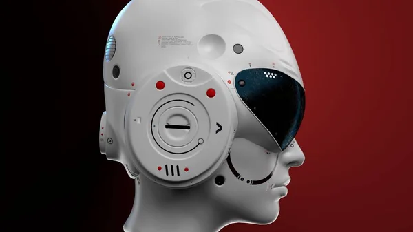 Yapay Zeka. Bilim kurgu robotu kırmızı arka planda yakın plan çekiyor. 3d rende