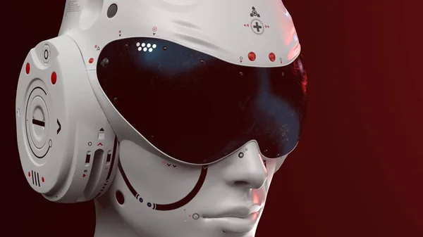 Yapay Zeka. Bilim kurgu robotu kırmızı arka planda yakın plan çekiyor. 3d rende
