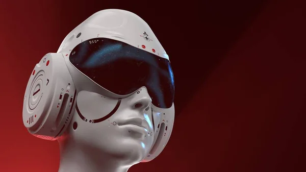 Yapay Zeka. Bilim kurgu robotu kırmızı arka planda yakın plan çekiyor. 3d rende
