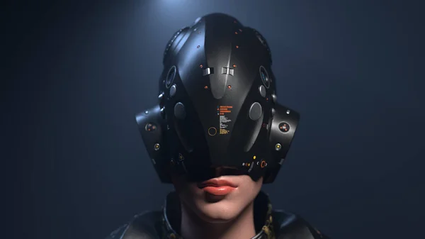 woman in a VR helmet on a neutral background. people of the futur