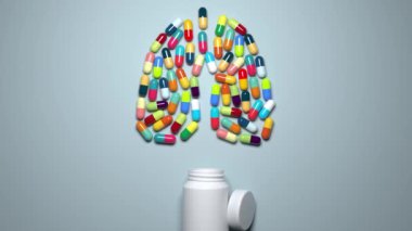 İlaçlar, çok renkli kapsüller bir kavanozdan akciğer ikonu oluşturan bir akciğer ikonu oluşturur ve sonra uykuya dalarlar, bir animasyon döngüsü oluşturarak, 3D animasyon 