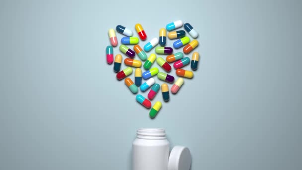 Medicamentos Cápsulas Multi Coloridas São Derramados Fora Lata Formando Ícone — Vídeo de Stock