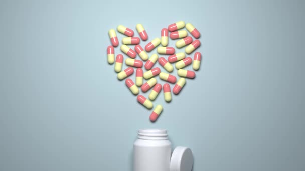 Medicamentos Cápsulas Multicolores Vierten Fuera Lata Formando Icono Del Corazón — Vídeo de stock