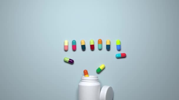 Léky Multi Barevné Kapsle Vylévat Sklenice Usnout Zpět Tvoří Smyčku — Stock video