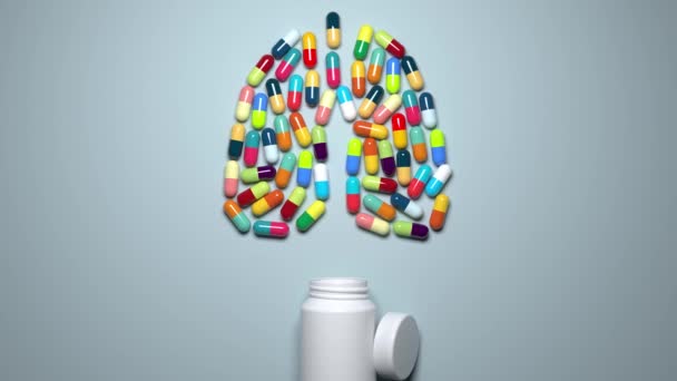 Medicines Multi Colored Capsules Pour Out Jar Forming Lung Icon — Stock Video