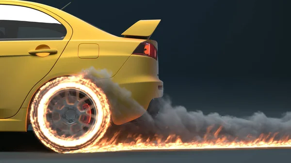 car side view is moving. leaving a trail of fire .3d render