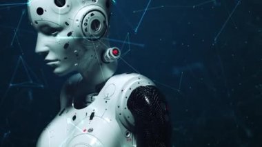 Robot kadın, bilim kurgu kadın sinir ağlarının ve yapay zekanın dijital dünyasının animasyonu.