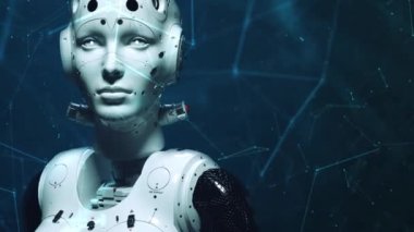 Robot kadın, bilim kurgu kadın sinir ağlarının ve yapay zekanın dijital dünyasının animasyonu.