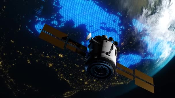 地球的人造卫星 卫星在全球各地的空间飞行 间谍或高速互联网大数据传输的概念 — 图库视频影像