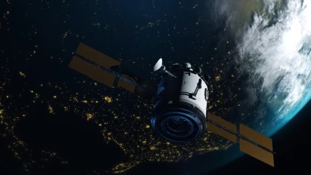 Искусственный Спутник Земли Спутник Летает Космосе Над Земным Шаром Концепция — стоковое видео