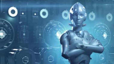 Bilimkurgu kadın robotu, dijital bilgiyi öğreniyor sinirsel ağların geleceğinin dijital dünyası ve yapay zeka gelecek teknolojileri.