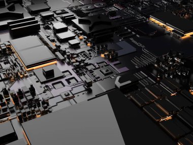 Bilgisayar parçalarının soyut ayrıntıları. Teknoloji konulu 3D yorumlama