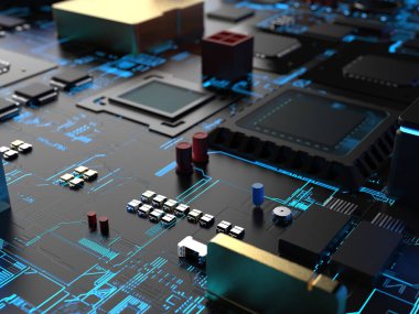 Bilgisayar çipleri ve transistörlerin farklı parçaları. Teknoloji konulu 3D yorumlama