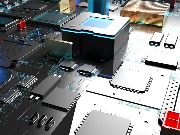 computer processors close up. 3d render on the topic of technologies and large calculations and artificial intelligence