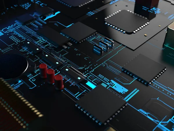 computer processors close-up in bright blue backlight. 3d render on the theme of artificial intelligence